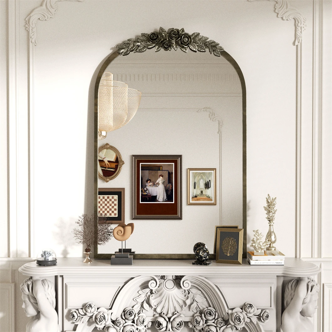 Antique Wall Mirror Vintage Baroque Arched Brass Mirror with Flower Relief Metal Edge Frame Decor for Entryway Hall Bathroom - Image 2