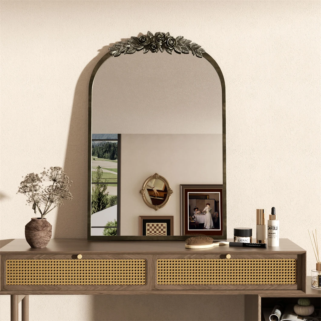 Antique Wall Mirror Vintage Baroque Arched Brass Mirror with Flower Relief Metal Edge Frame Decor for Entryway Hall Bathroom - Image 4