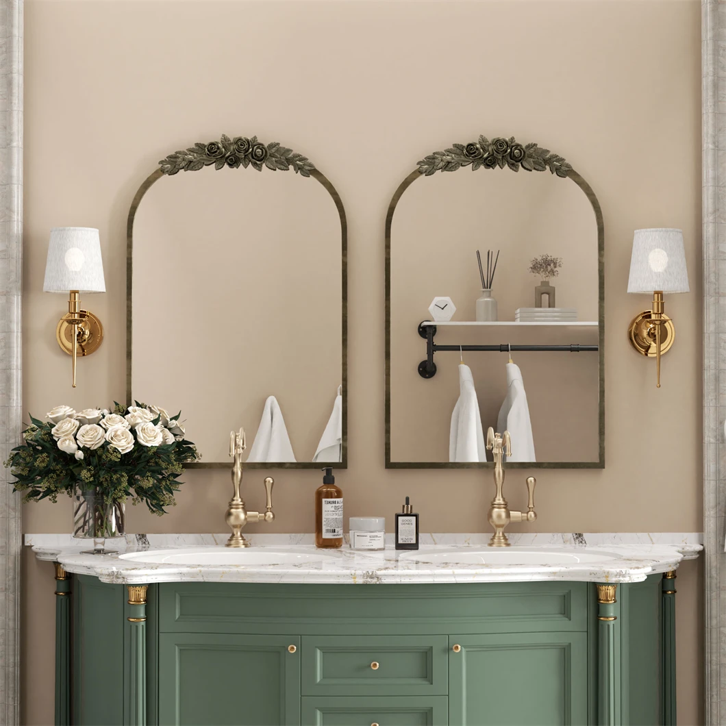Antique Wall Mirror Vintage Baroque Arched Brass Mirror with Flower Relief Metal Edge Frame Decor for Entryway Hall Bathroom - Image 5